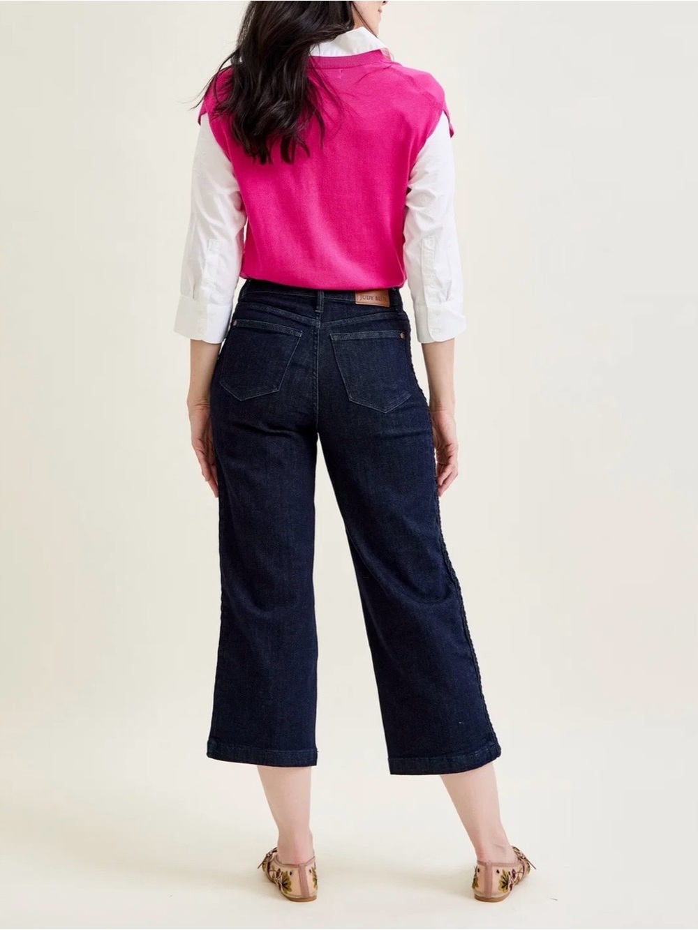 Judy Blue Dark Wash Braided Side Seam High Waist Crop Wide Leg Denim - Picture 2 of 8